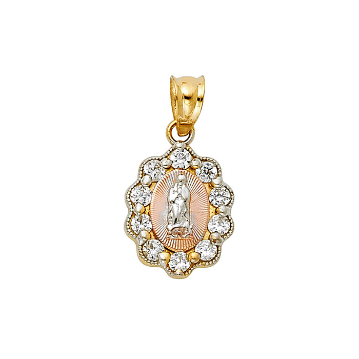 14k Tri-color Gold with White CZ Accented Small/Mini Religious Virgin Mary Charm, (15mm x 10mm)