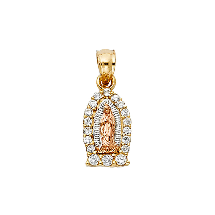 14k Tri-color Gold with White CZ Accented Small/Mini Religious Virgin Mary Charm,15mm x 9mm