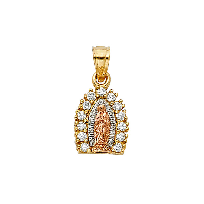 14k Tri-color Gold with White CZ Accented Small/Mini Religious Virgin Mary Charm, 13mm x 10mm