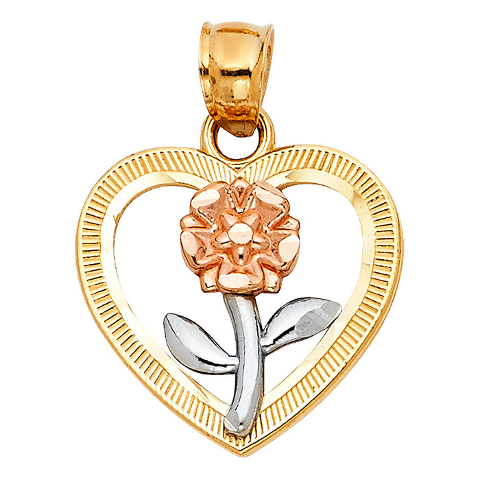 14k Tri-color Gold Heart Charm with Rose Flower and White Stem Center Charm Pendant (20mm x 18mm)