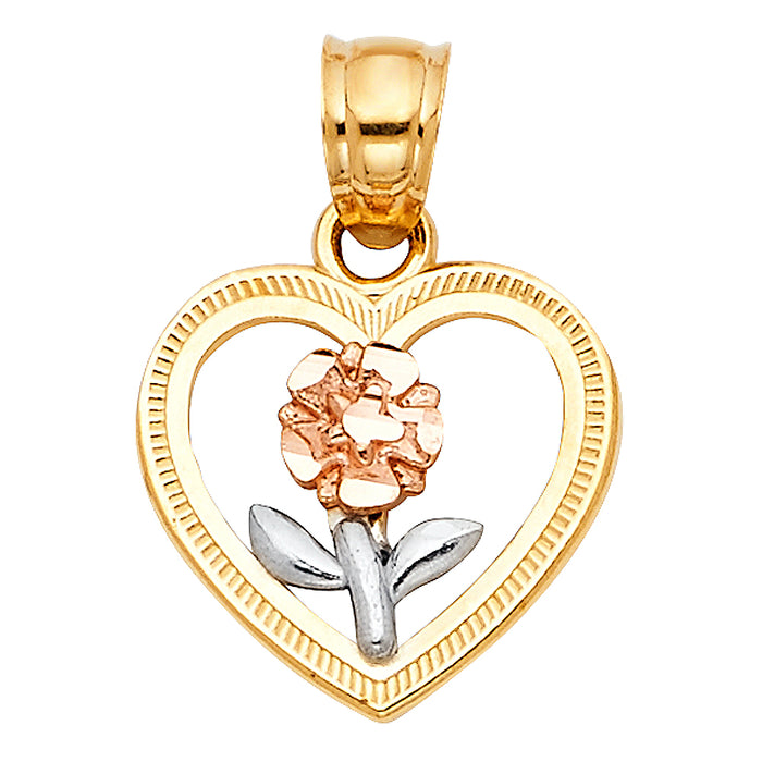 14k Tri-color Gold Small/Mini Heart with Rose Flower and White Stem Charm Pendant, 15mm x 15mm