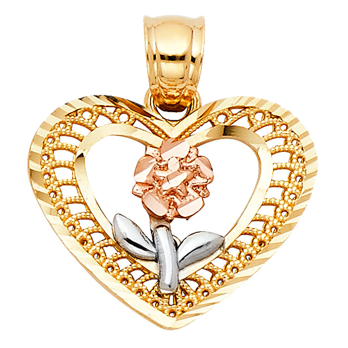 14k Tri-color Gold Heart Charm with Rose Flower and White Stem Center Charm Pendant (15mm x 18mm)