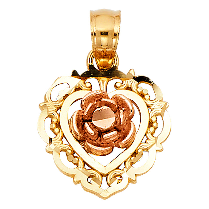 14k Two-Tone Gold Small/Mini Heart Charm with Lace Trim and Rose Flower Center Charm Pendant, 13mm x 12mm