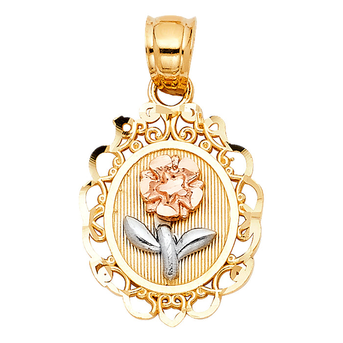14k Tri-color Gold Oval Frame with Lace Boarder, Rose Flower & White Stem Center Charm Pendant (20mm x 15mm)