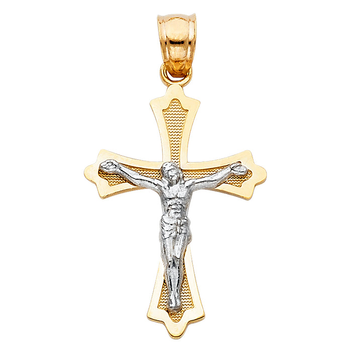 14K Two-tone Gold Religious Polished/Satin Crucifix  (32mm x 18mm)