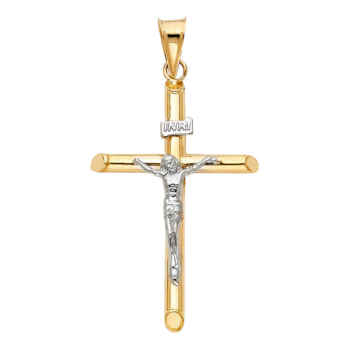 14K Two-tone Gold Religious Hollow Round Tubular Crucifix (40 X 20mm)