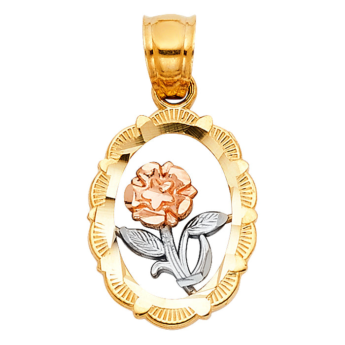 14k Tri-Color Gold Small/Mini Oval Frame with Rose Flower and White Stem with Leaves Charm Pendant, 12mm x 12mm