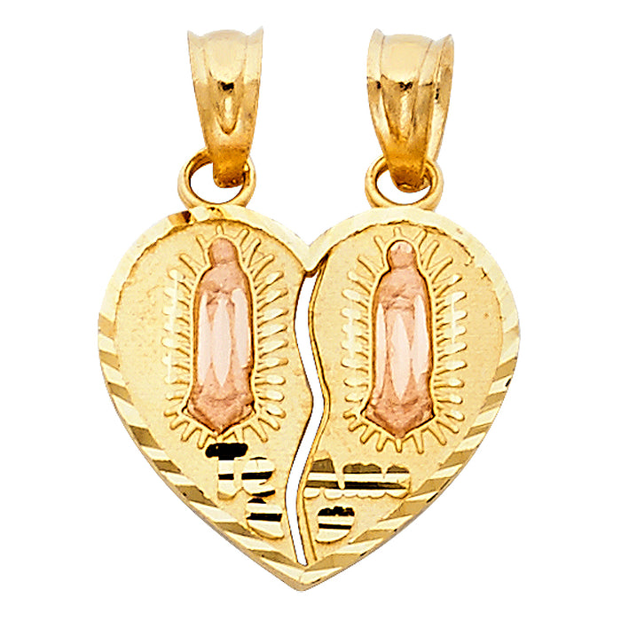14k Two-Tone Gold Breakable Religious Heart Charm Pendant, Virgin Mary Te Amo, 17mm x 15mm
