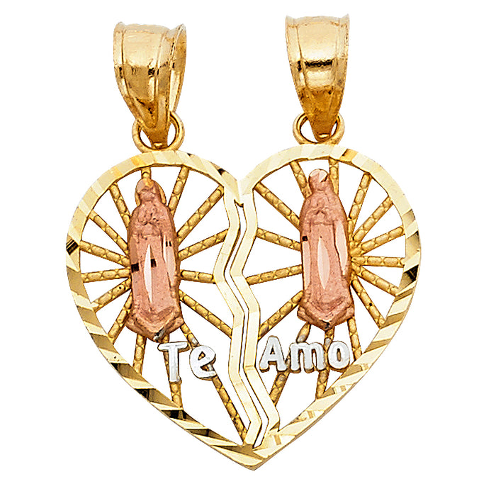 14k Tri-color Gold Breakable Religious Heart Charm Pendant, Virgin Mary, Te Amo, 20mm x 20mm