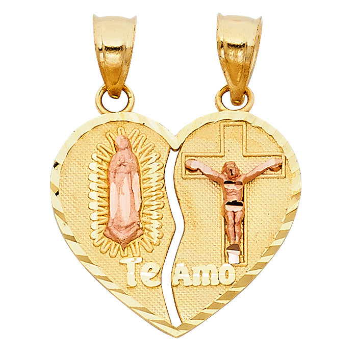 14k Two-Tone Gold Breakable Religious Heart Charm Pendant, Virgin Mary and Jesus, Te Amo, 20mm x 20mm