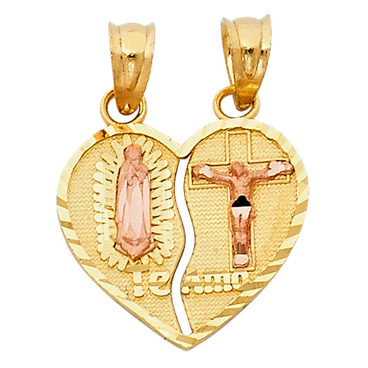 14k Two-Tone Gold Breakable Religious Heart Charm Pendant, Virgin Mary and Jesus, Te Amo, 17mm x 15mm