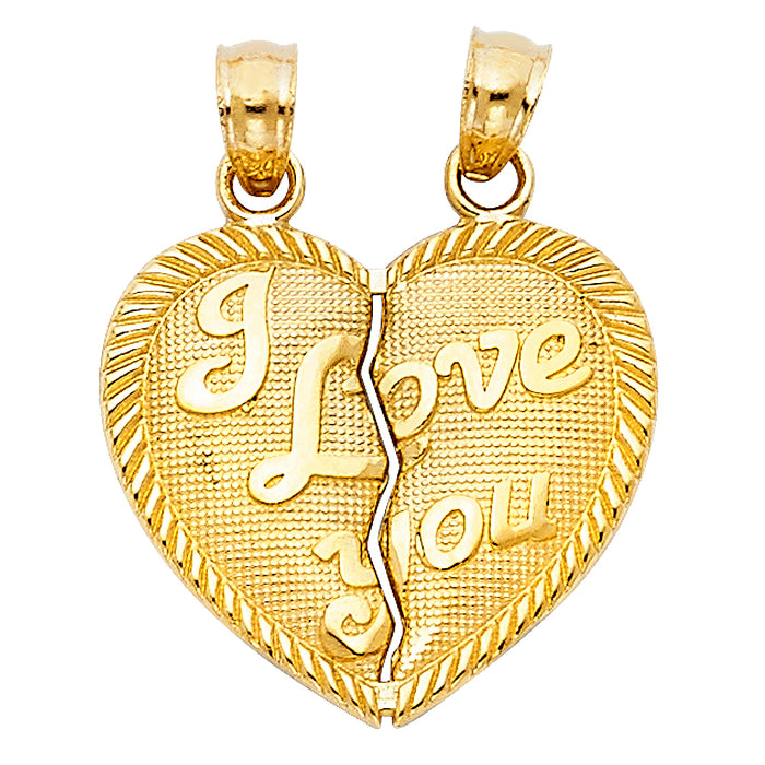 14k Yellow Gold Breakable Heart Charm Pendant, I Love You, 20mm x 20mm