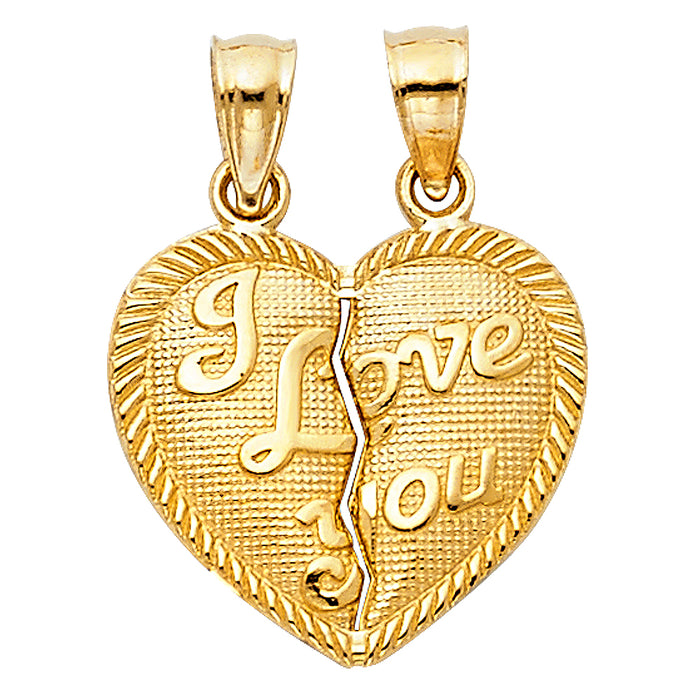 14k Yellow Gold Breakable Heart Charm Pendant, I Love You, 17mm x 15mm