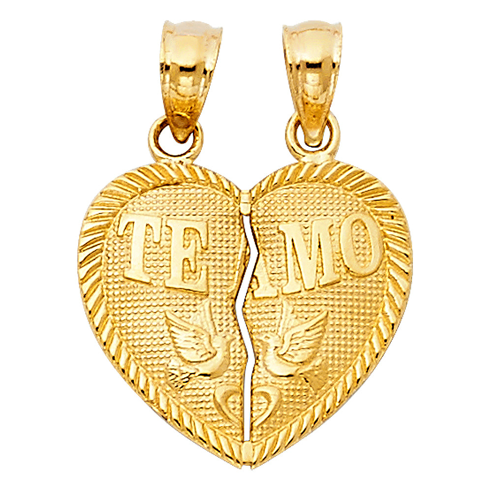 14k Yellow Gold Breakable Heart Charm Pendant, Te Amo with Love Birds Doves Embossed, 17mm x 15mm