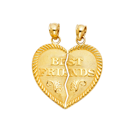 14k Two-tone Gold Breakable Heart Charm Pendant, Best Friends with Rose flower, 25mm x 22mm