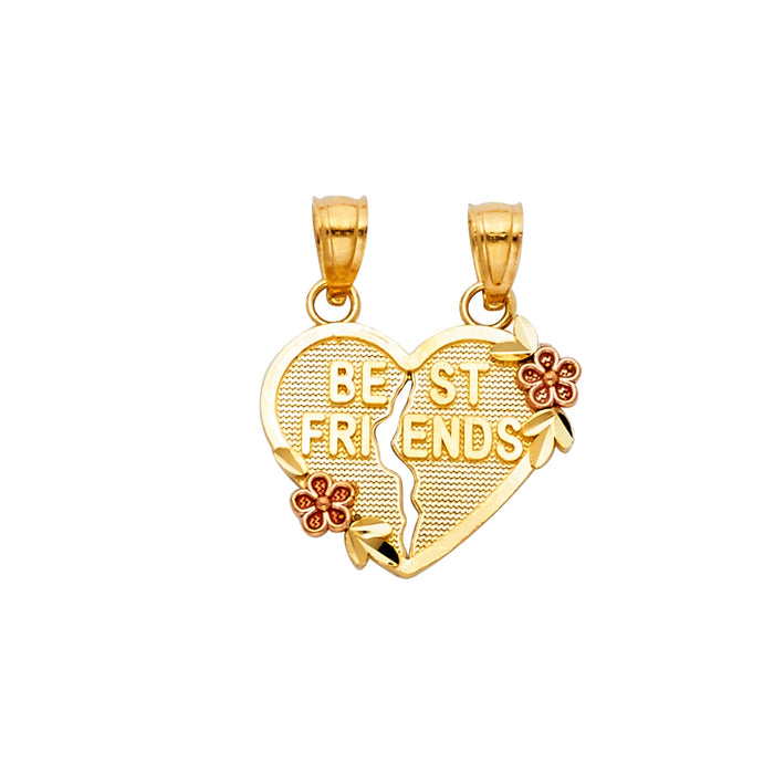 14k Two-tone Gold Breakable Heart Charm Pendant, Best Friends with Rose flower, 15mm x 17mm