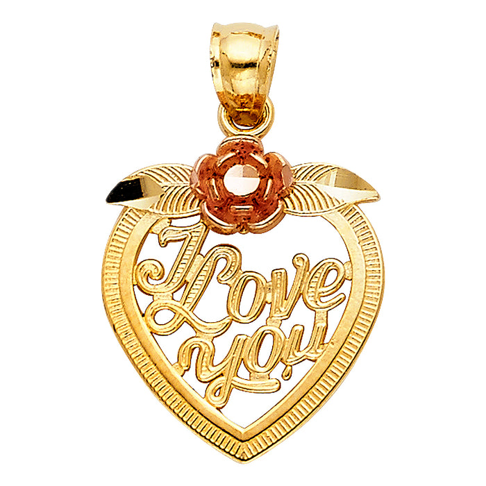 14k Two-tone Gold Heart Charm Pendant, I love You with Leaves and Rose Flower, 22mm x 16mm