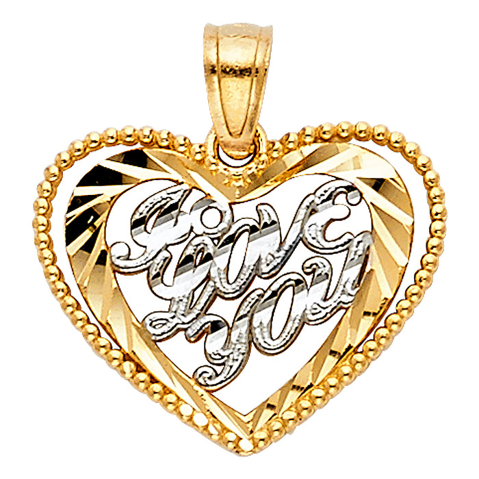 14k Two-tone Gold Heart Charm Pendant, Beaded and Dimond-cut Frame, White I love You Center, 15mm x 18mm