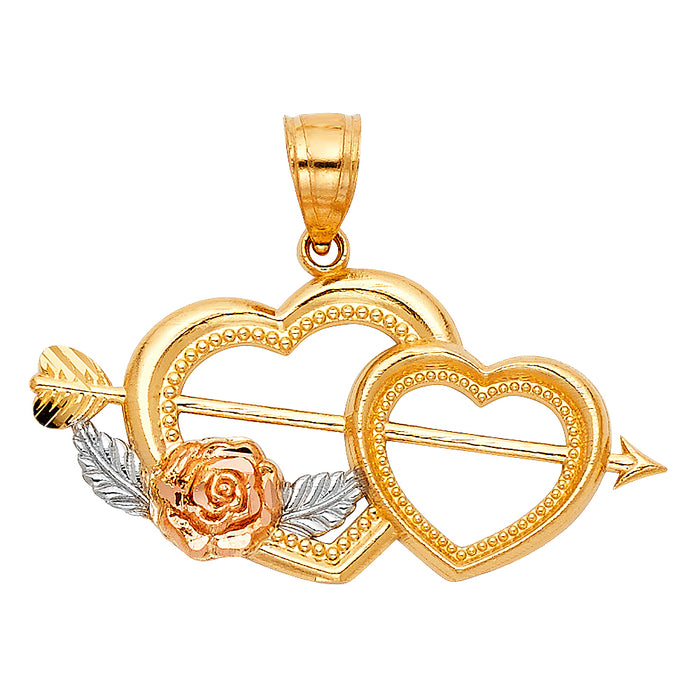 14k Tri-Color Gold Double Heart Charm with Cupids Arrow Through Heart and Rose Accent, 17mm x 30mm