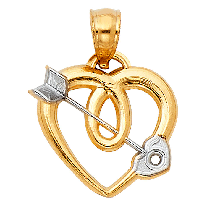 14k Two-tone Gold MINI Polished Heart with White Cupid's Arrow Charm Pendant 15mm x 15mm