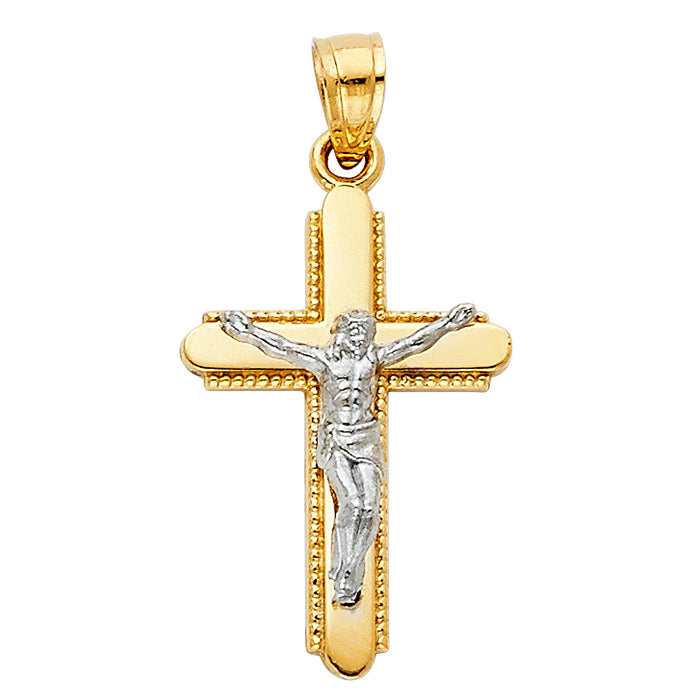 14K Two-tone Gold Religious Crucifix Charm Pendant (15 X 30mm)