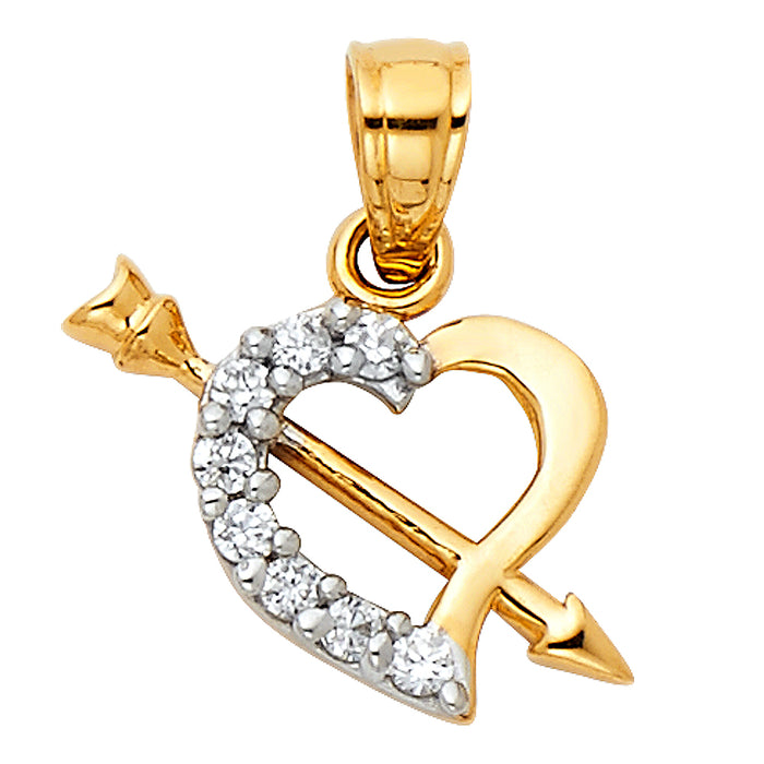 14k Two-tone Gold MINI Polished Heart Accented with White CZ and Cupid's Arrow Charm Pendant 12mm x 13mm