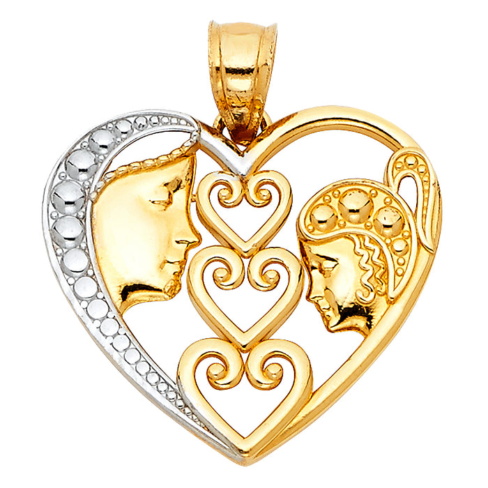 14k Two-Tone Gold Mother Daughter Heart Charm Pendant with White Beaded Edge, 20mm x 22mm