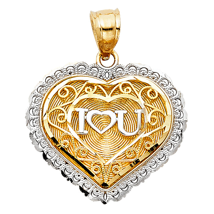 14k Two-Tone Gold Heart Charm with White Lace Trim and I Love You Center, Filigree Accents, 20mm x 22mm