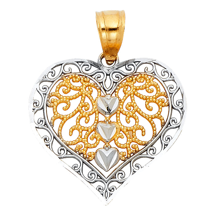 14k Two-Tone Gold Filigree Heart Charm Pendant with Diamond-cut Accented Hearts in Center, 20mm x 20mm