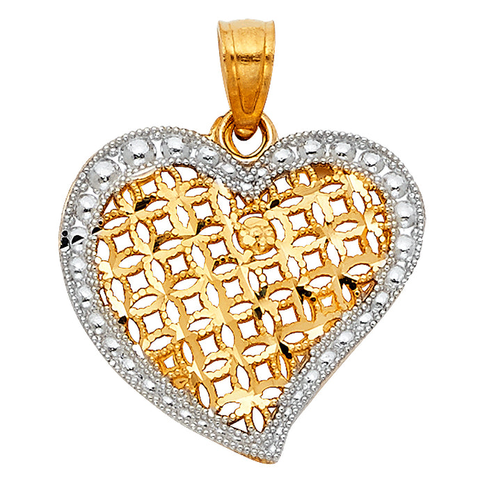 14k Two-Tone Gold Heart Charm Pendant with White Beaded Edge, 18mm x 18mm