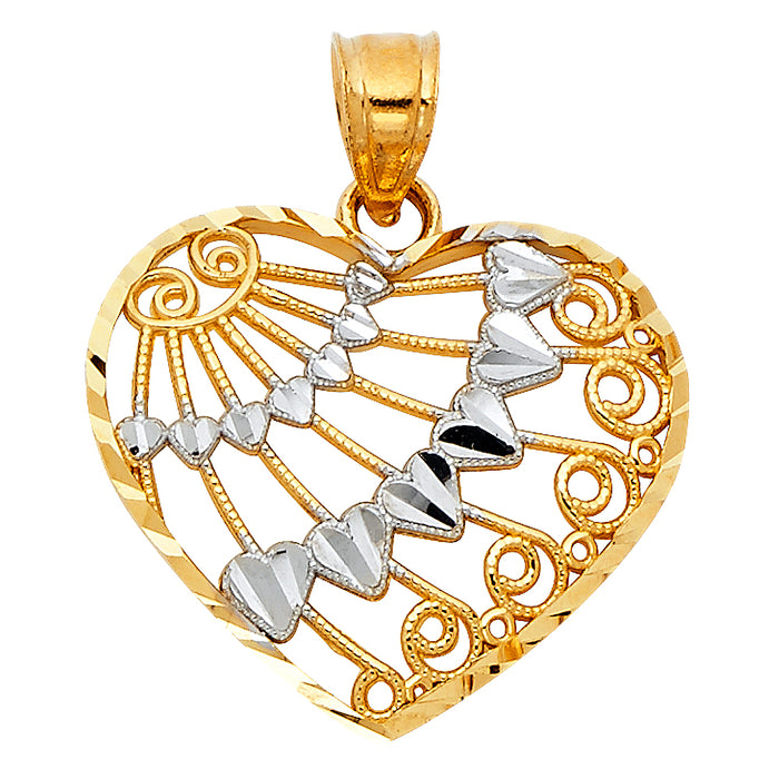 14k Two-Tone Gold Heart Charm Pendant with Filigree Accents and Diamond Cut Hearts, 21mm x 20mm