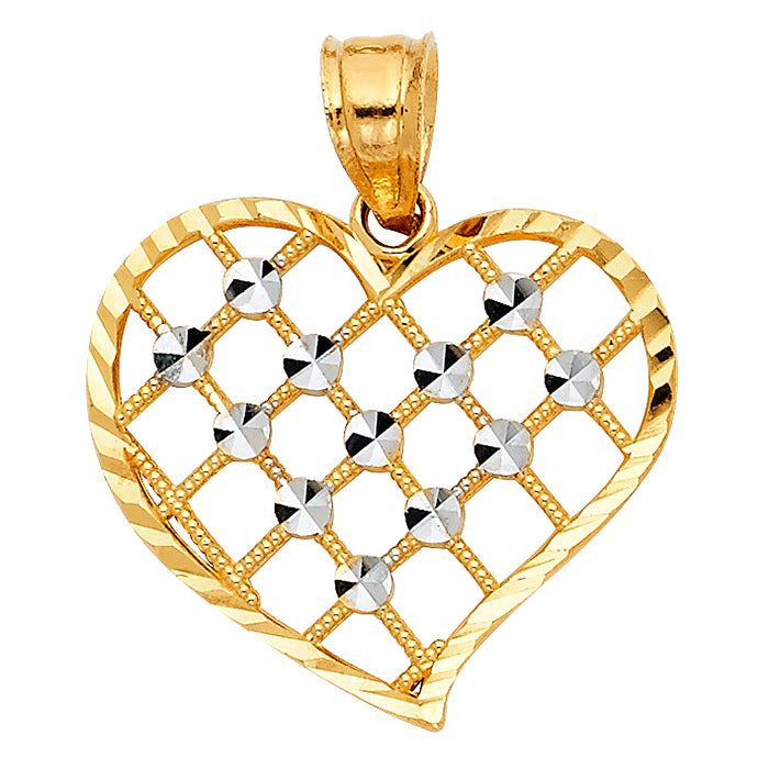 14k Two-Tone Gold Heart Charm Pendant with Criss-Cross Beaded Pattern and White Diamond-cut Round Circles, 20mm x 20mm