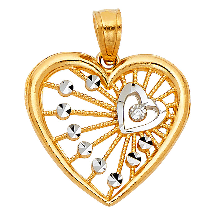 14k Two-tone Gold Small Heart with Beaded Rays and White Diamond-cut Circle Accents Charm Pendant, 17mm x 18mm