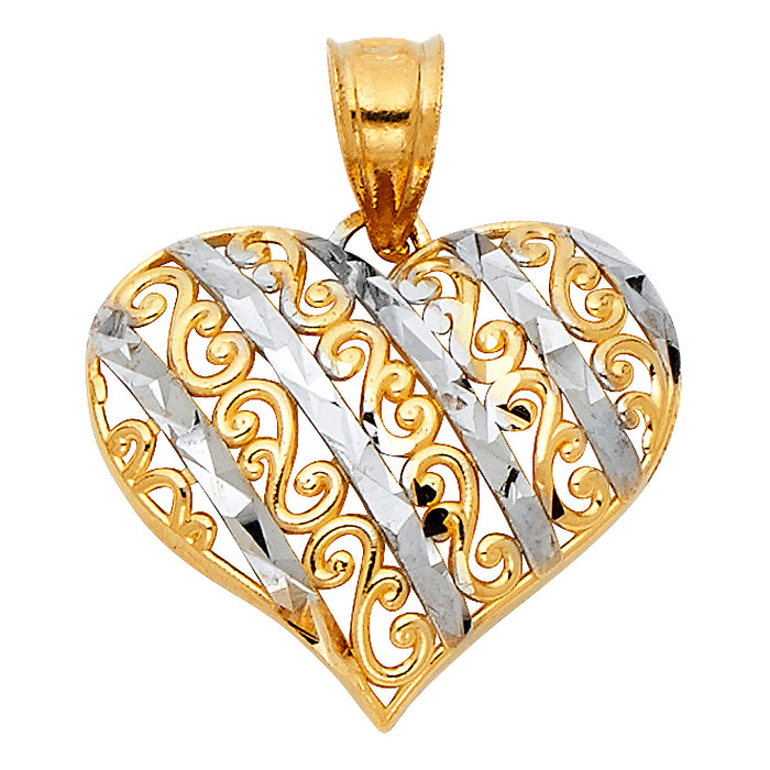 14k Two-Tone Gold Filigree Heart Charm Pendant with White Diagonal Ribbons, 18mm x 20mm