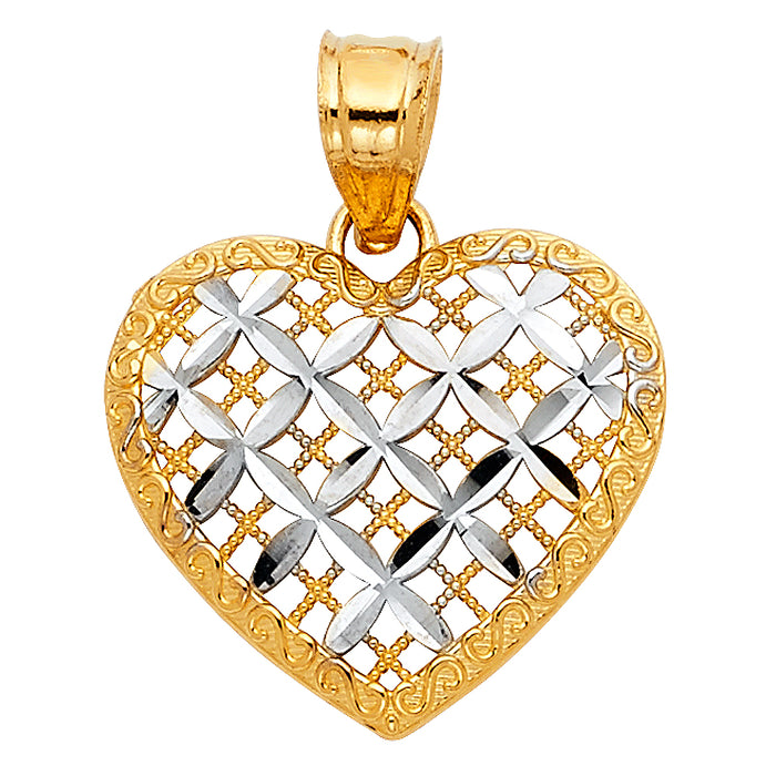 14k Two-tone Gold Beaded Criss-cross with White Diamond-cut Flower Accents Heart Charm Pendant, 17mm x 18mm