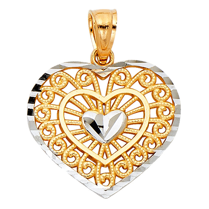 14k Two-Tone Gold Filigree Heart Charm with Diamond-cut Edge and Hearts Radiating, 15mm x 17mm