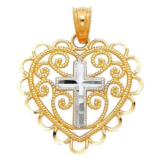 14k Two-tone Gold Filigree Heart with Lace Trim and White Diamond-cut Cross Center, 18mm x 20mm