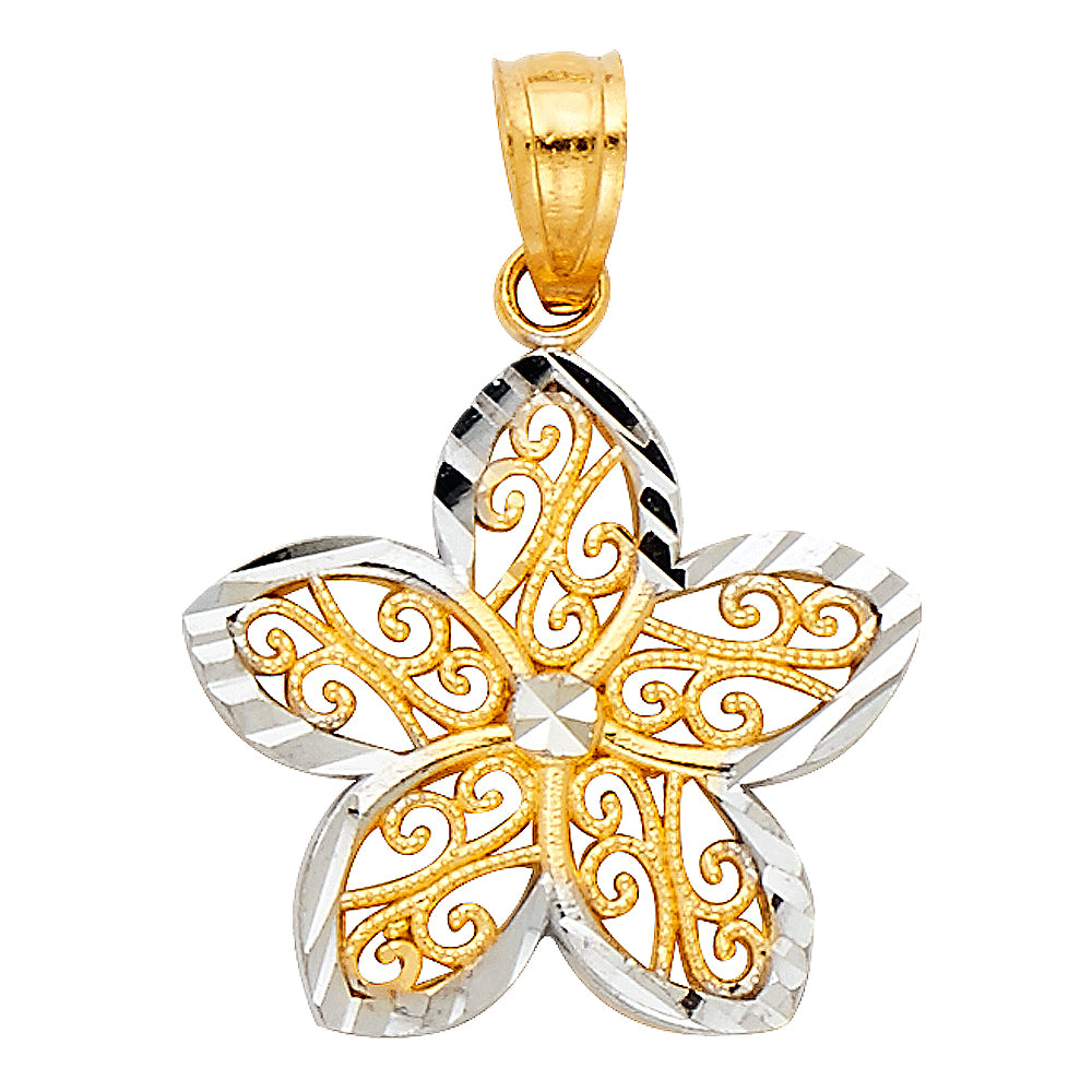14k Two-tone Gold Small Flower with Filigree petals and Diamond-cut Edge (17mm x 18mm)