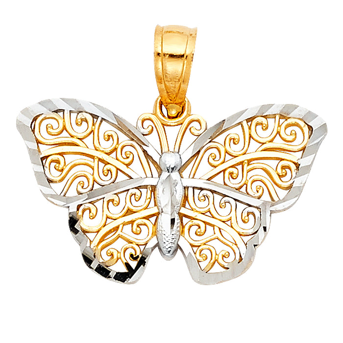 14k Two-tone Gold Small Filigree Butterfly Charm Pendant (13mm x 20mm)