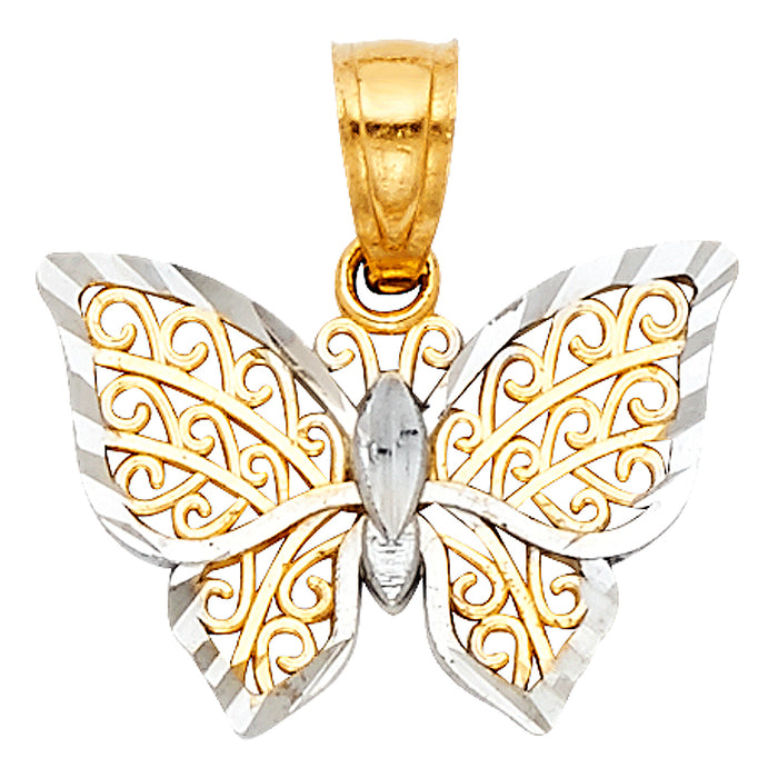 14k Two-tone Gold Small Filigree Butterfly Charm Pendant (12mm x 15mm)