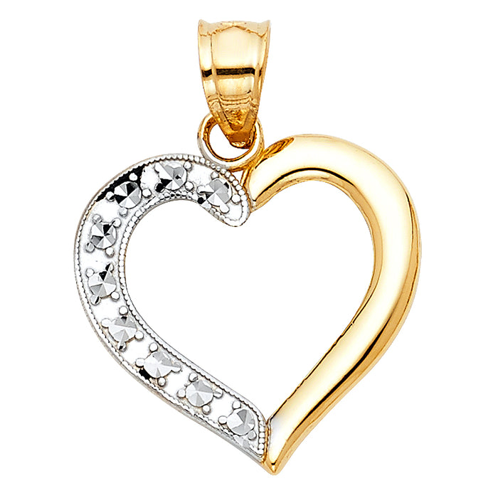 14k Two-Tone Gold Small Heart Charm Pendant with Polished and Beaded & Diamond-cut Accents (20mm x 20mm)