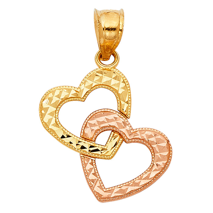 14k Yellow and Rose Gold Intertwined Double Heart Charm Pendant (20mm x 18mm)