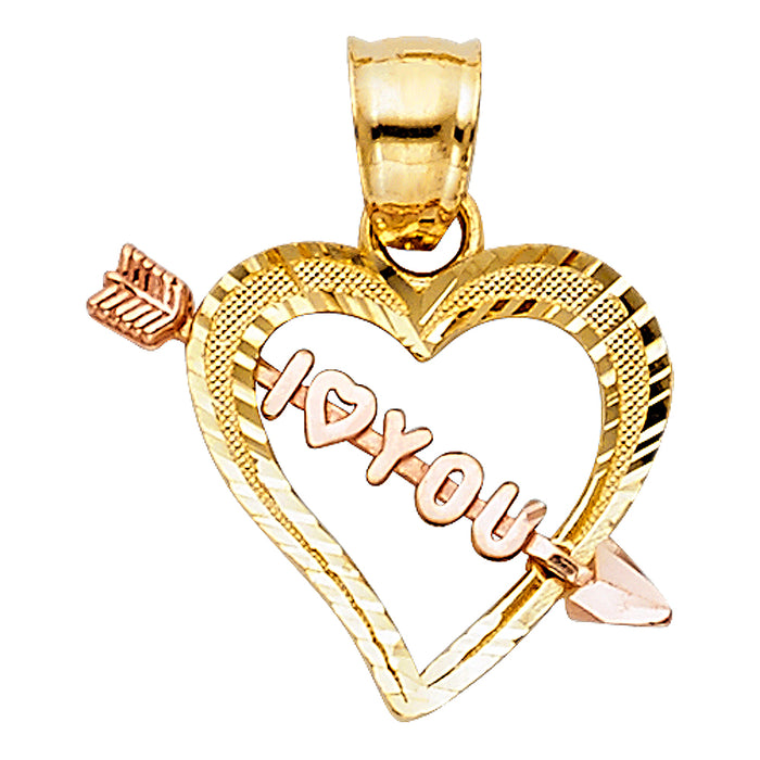 14k Two-tone Gold Cupid Arrow in Heart Charm Pendant with I "heart" You Center (15mm x 15mm)