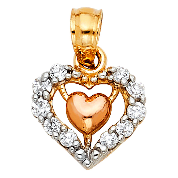 14k Two-tone Gold MINI Heart Small/Mini Charm Pendant with White CZ Accents and Rose Gold Center (10mm x 10mm)