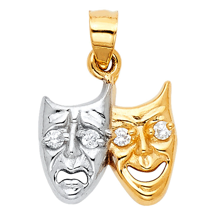 14k Two-tone Gold Novelty Charm Pendant, Mini Acting Mask Drama Comedy Face Accented with White CZ Eyes (15mm x 15mm)