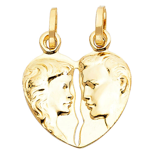 14k Yellow Gold Breakable Hollow Heart Charm Pendant with Male and Female Face Silhouette (21mm x 20mm)