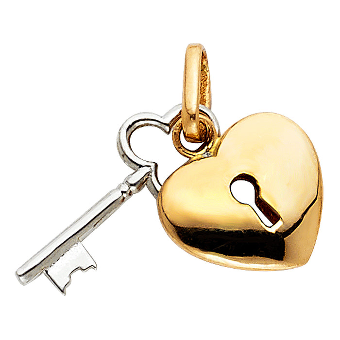 14k Two-Tone Gold Lock and Key Charm Pendant with Yellow Heart Lock and White Key (13mm x 20mm)