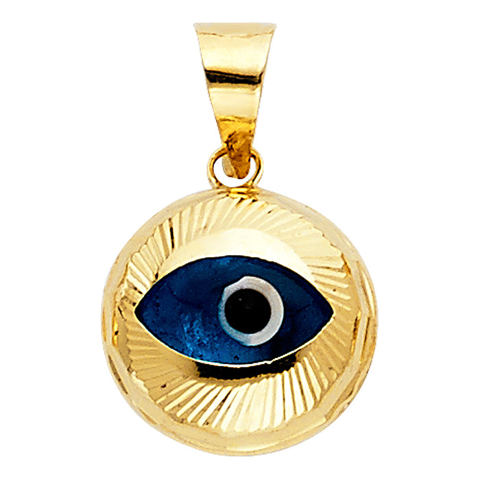 14k Yellow Gold Small Evil Eye Fluted Charm Pendant with Blue Enamel (13mm x 13mm)