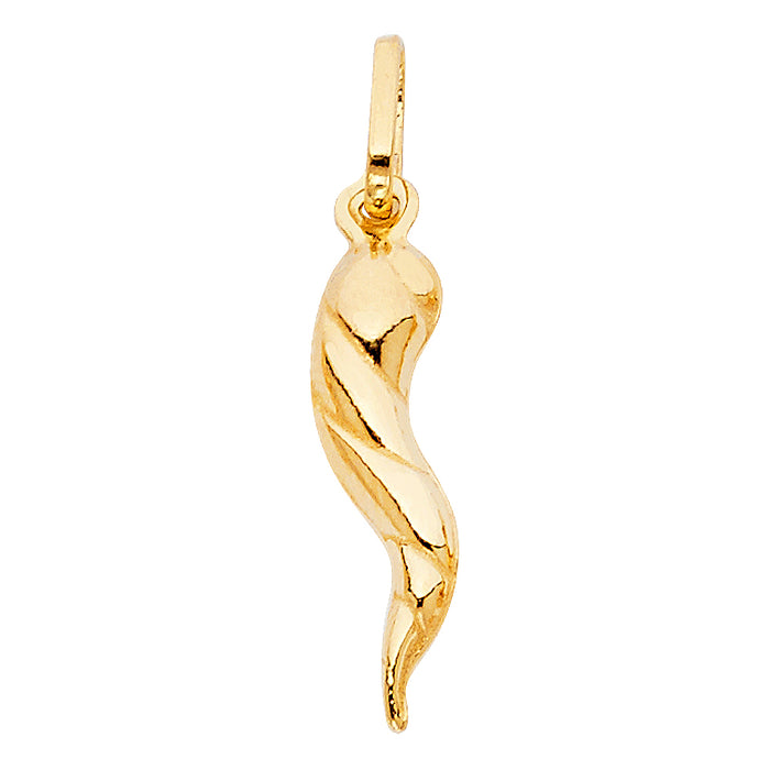 14k Yellow Gold Mini Hollow Twisted Accent Cornicello Italian Horn Puff Charm (23mm x 8mm)