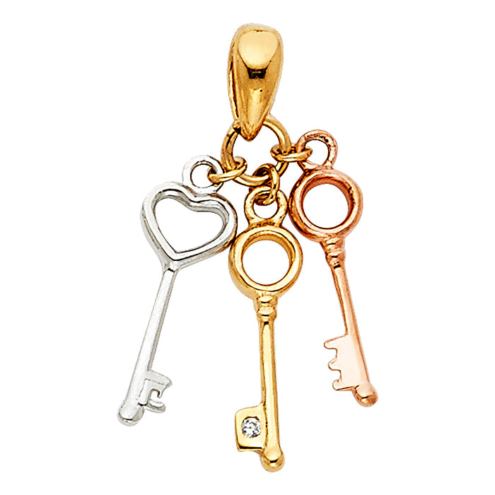 14K Tri-Color Gold 3 Fancy Keys Charm Pendant, Key to My Heart, Yellow, White, and Rose Gold (20mm x 10mm)